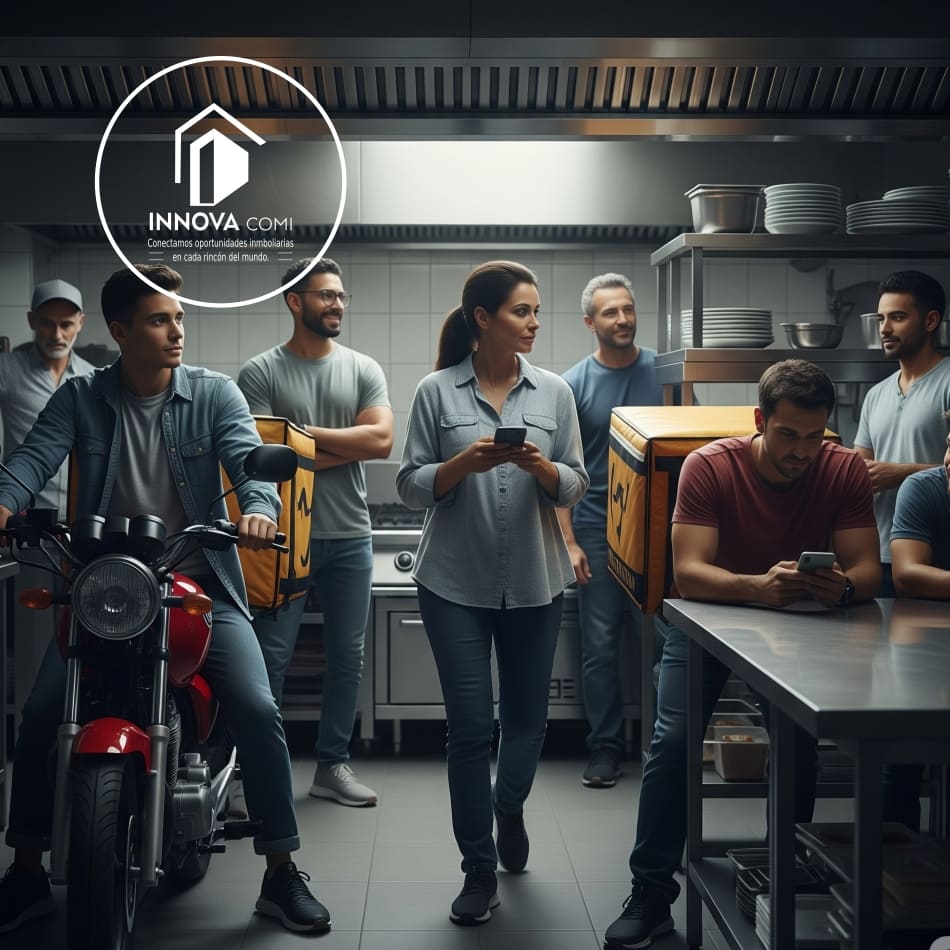 Repartidores en una cocina moderna.